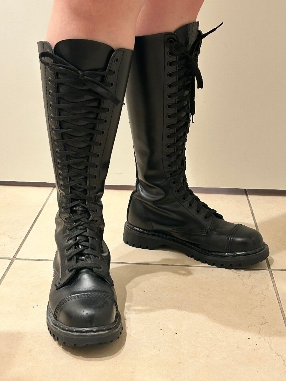 Demonia | Rocky 20 Vintage Black Leather Combat Boot | Steel Toe | Knee High